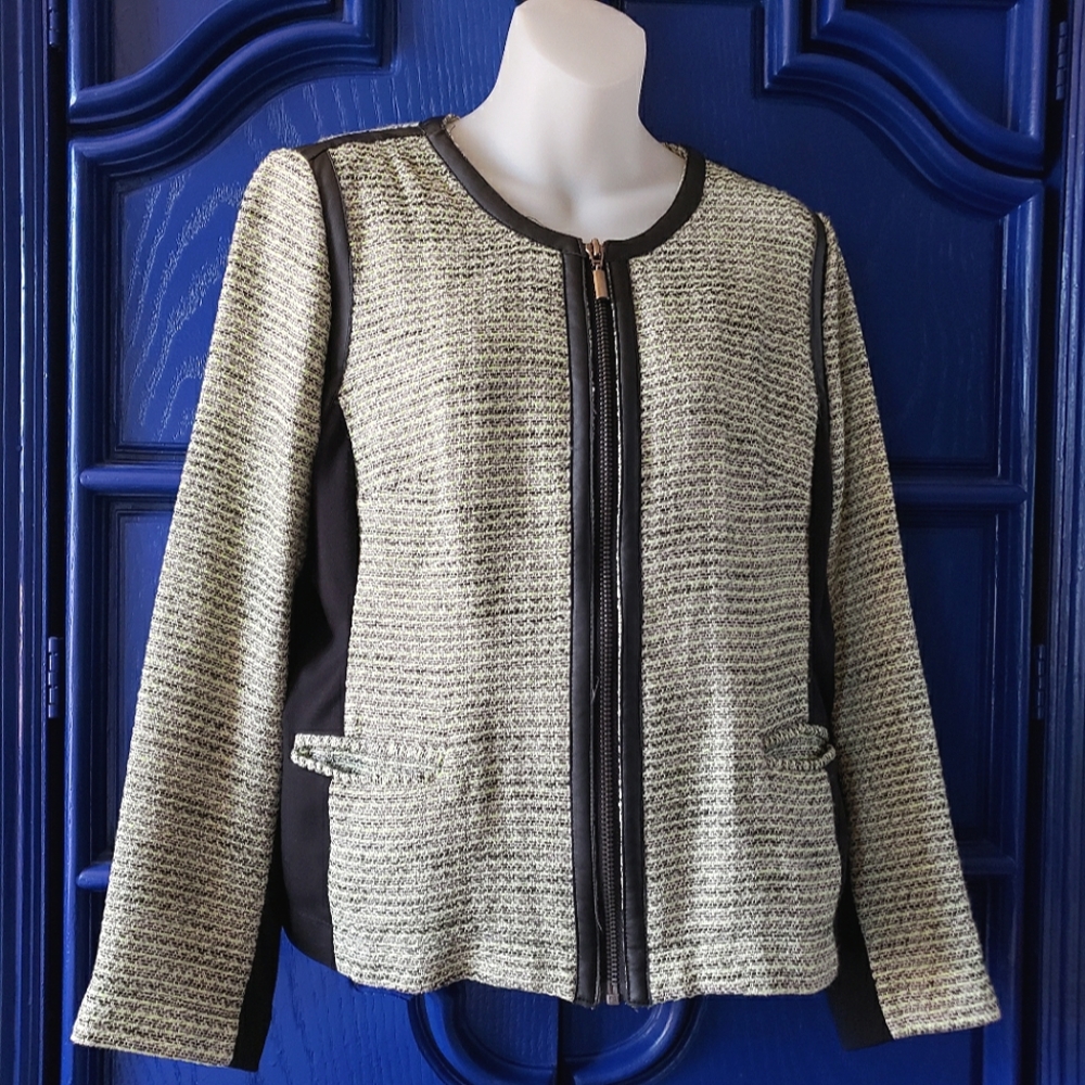 Lime Green Tweed Black Faux Leather Zip Moto Jacket by Alfani